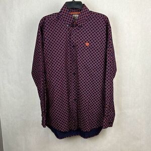 Cinch Button Down Shirt Mens Size Small Navy Blue Orange Print Long Sleeve